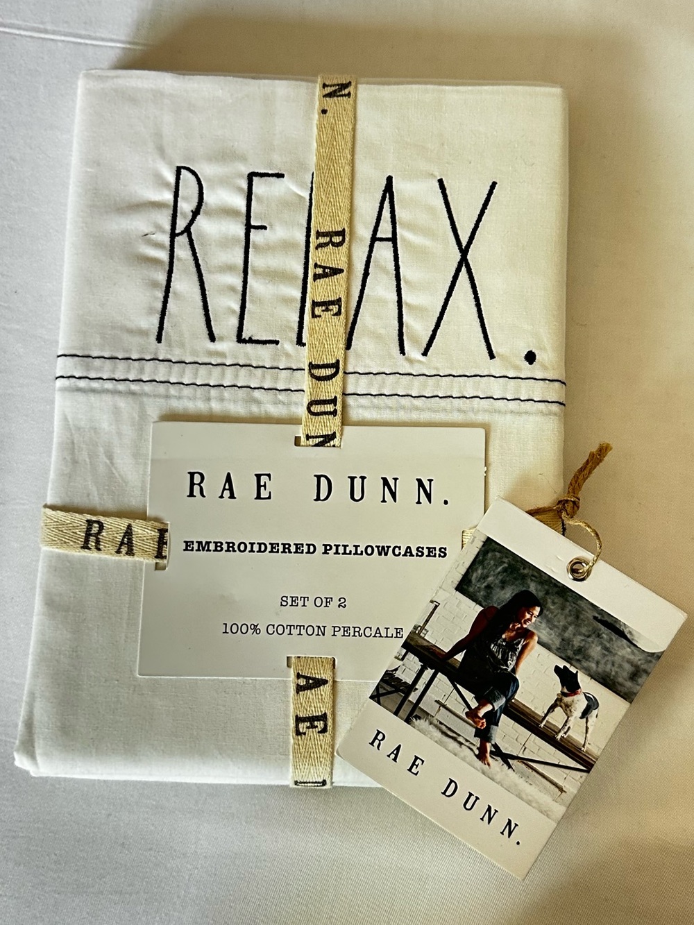 Rae Dunn White Embroidered 'RELAX' Pillowcases - Set of 2 - Standard Size NWT